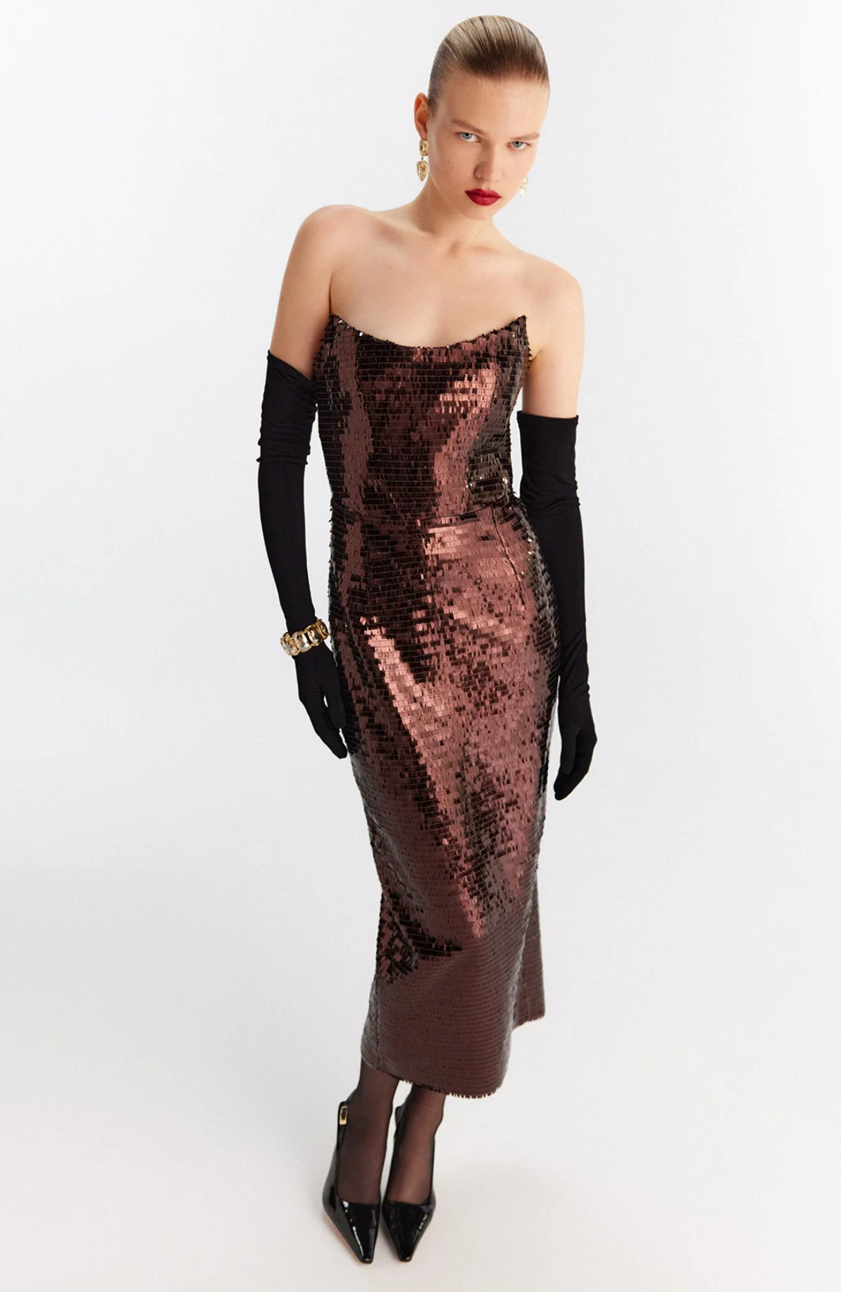 strapless sequined brown dress
