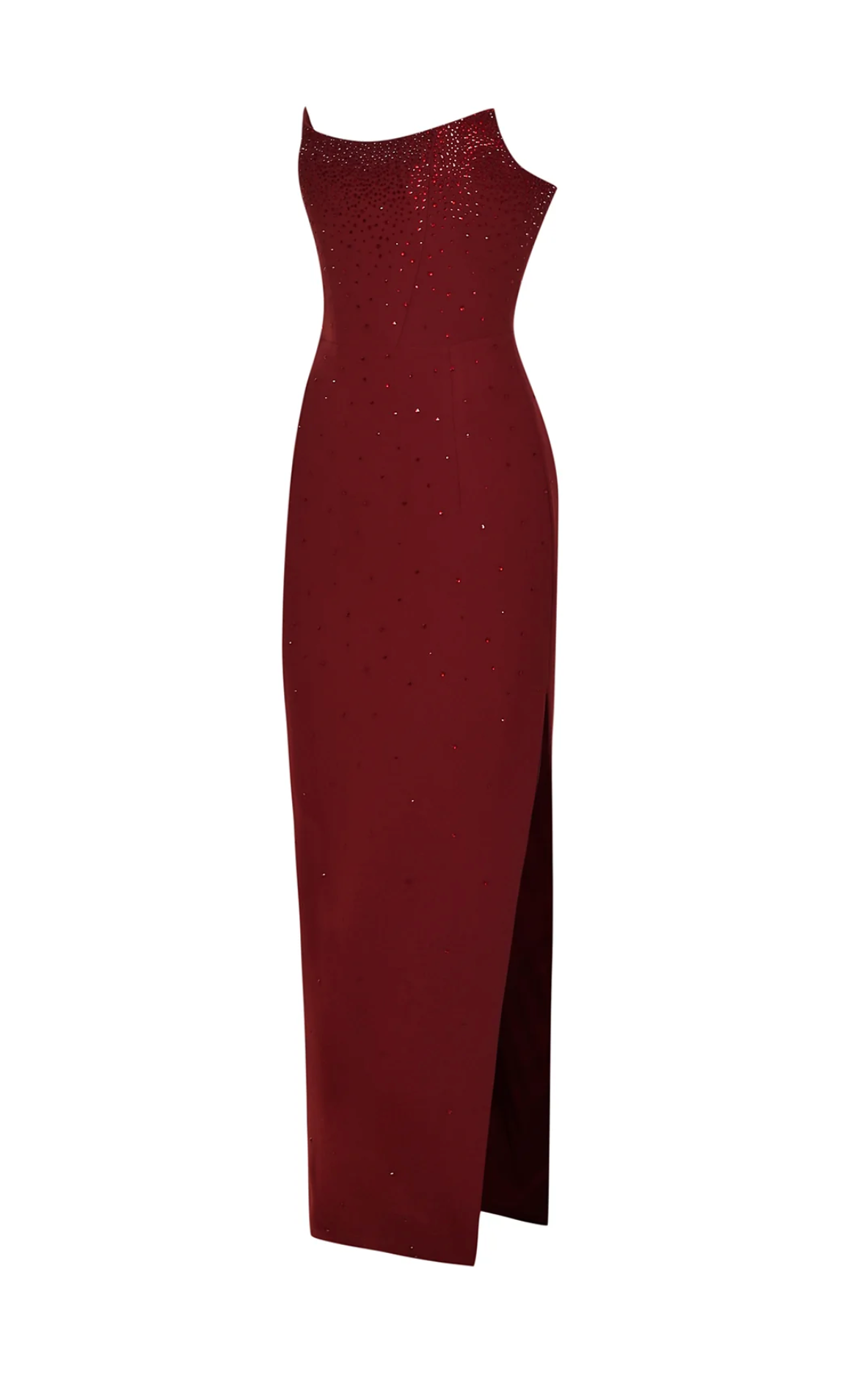 crystal embellished burgundy maxi dress