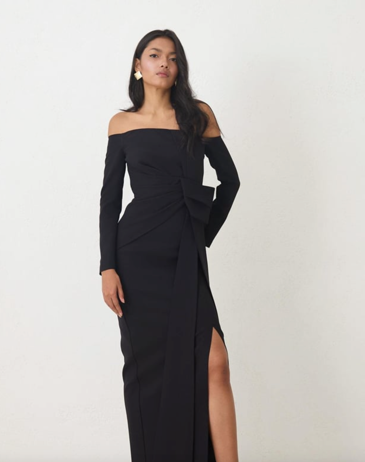 strapless dress with sleeves and bow