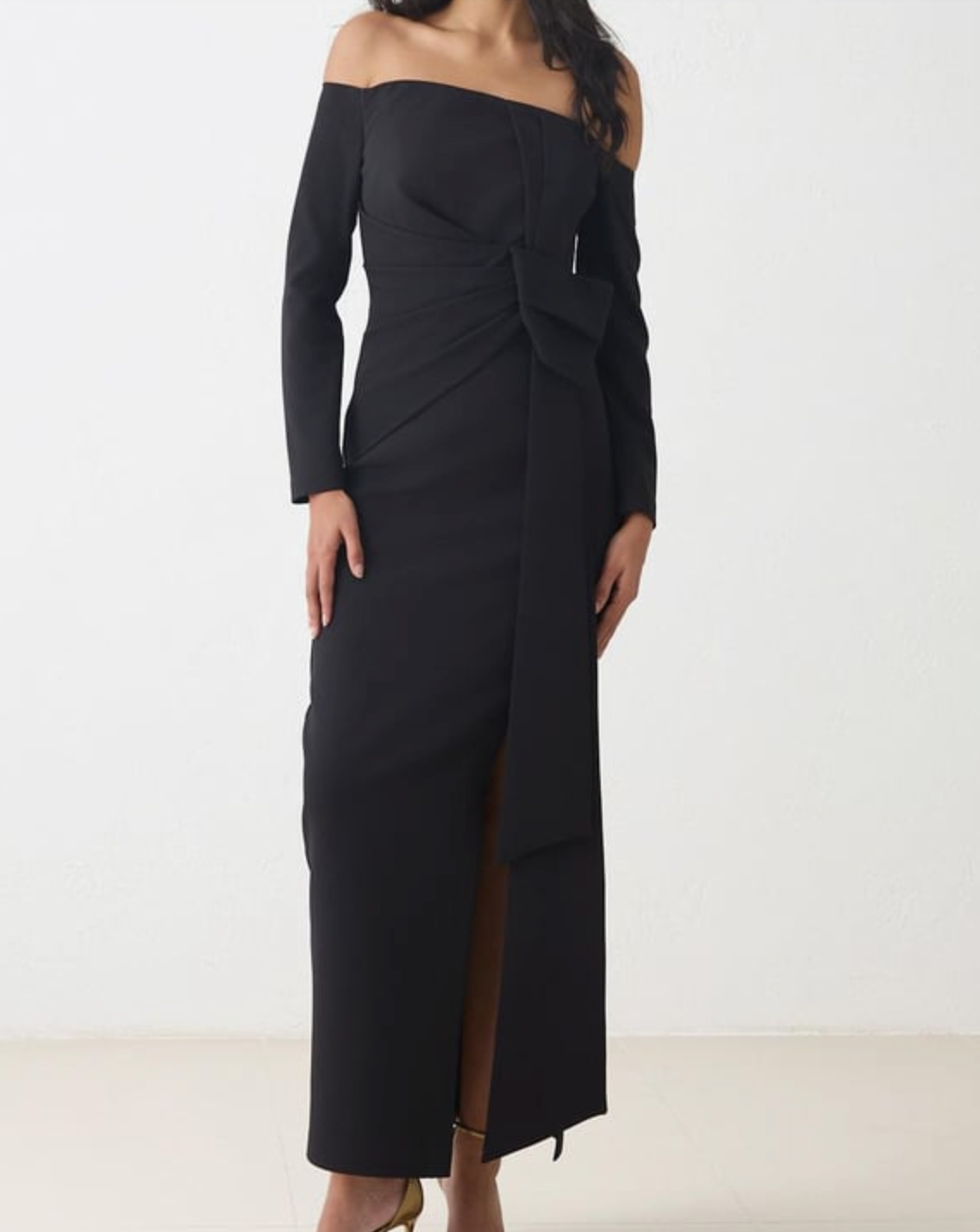 strapless dress with sleeves and bow