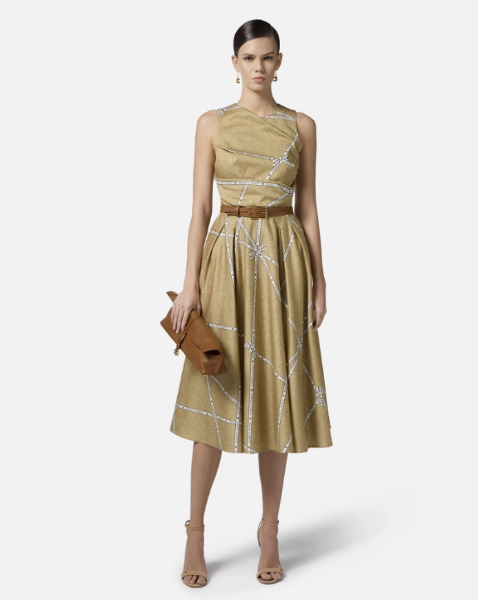 Cotton dress with raffia print and ribbon