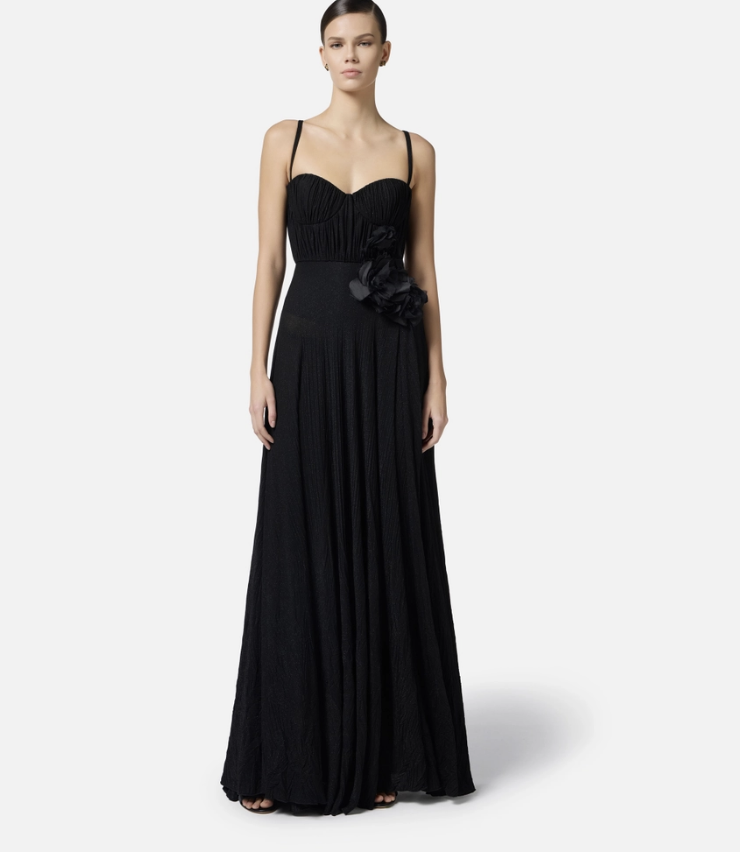 Red Carpet dress made of lurex jersey fabric with embroidered flower