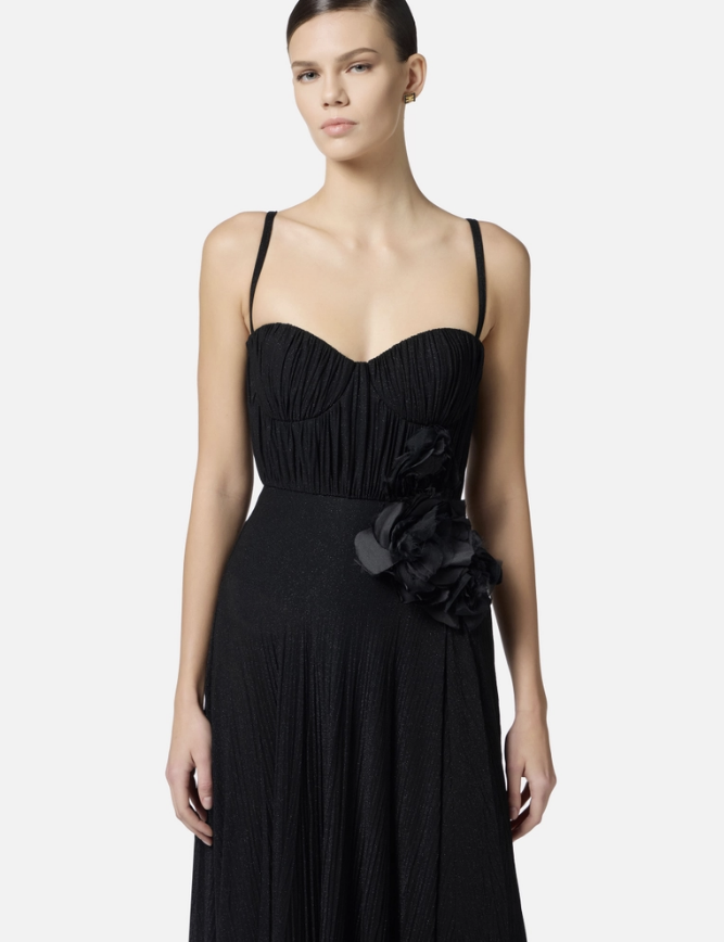 Red Carpet dress made of lurex jersey fabric with embroidered flower