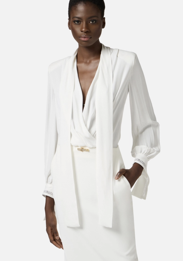 Tie-neck bodysuit-style blouse in georgette fabric with embroideries