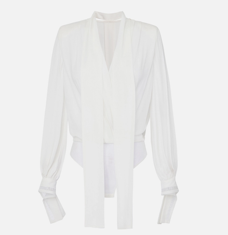 Tie-neck bodysuit-style blouse in georgette fabric with embroideries