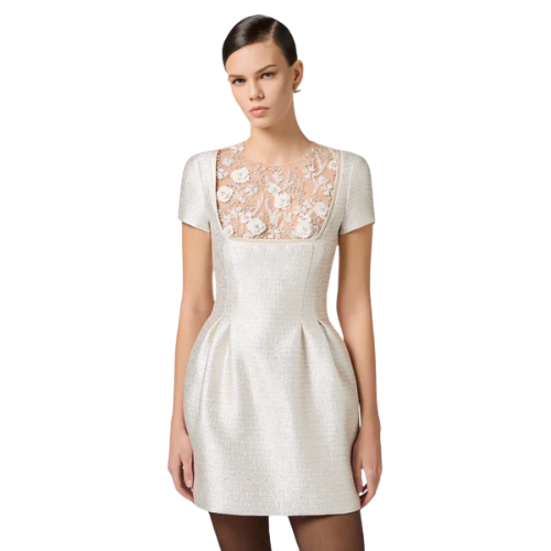 Lamé tweed dress with floral embroideries