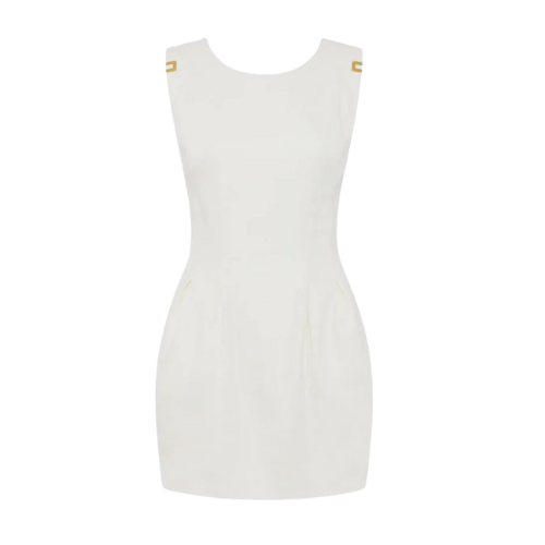 Linen-blend gabardine dress with logo details
