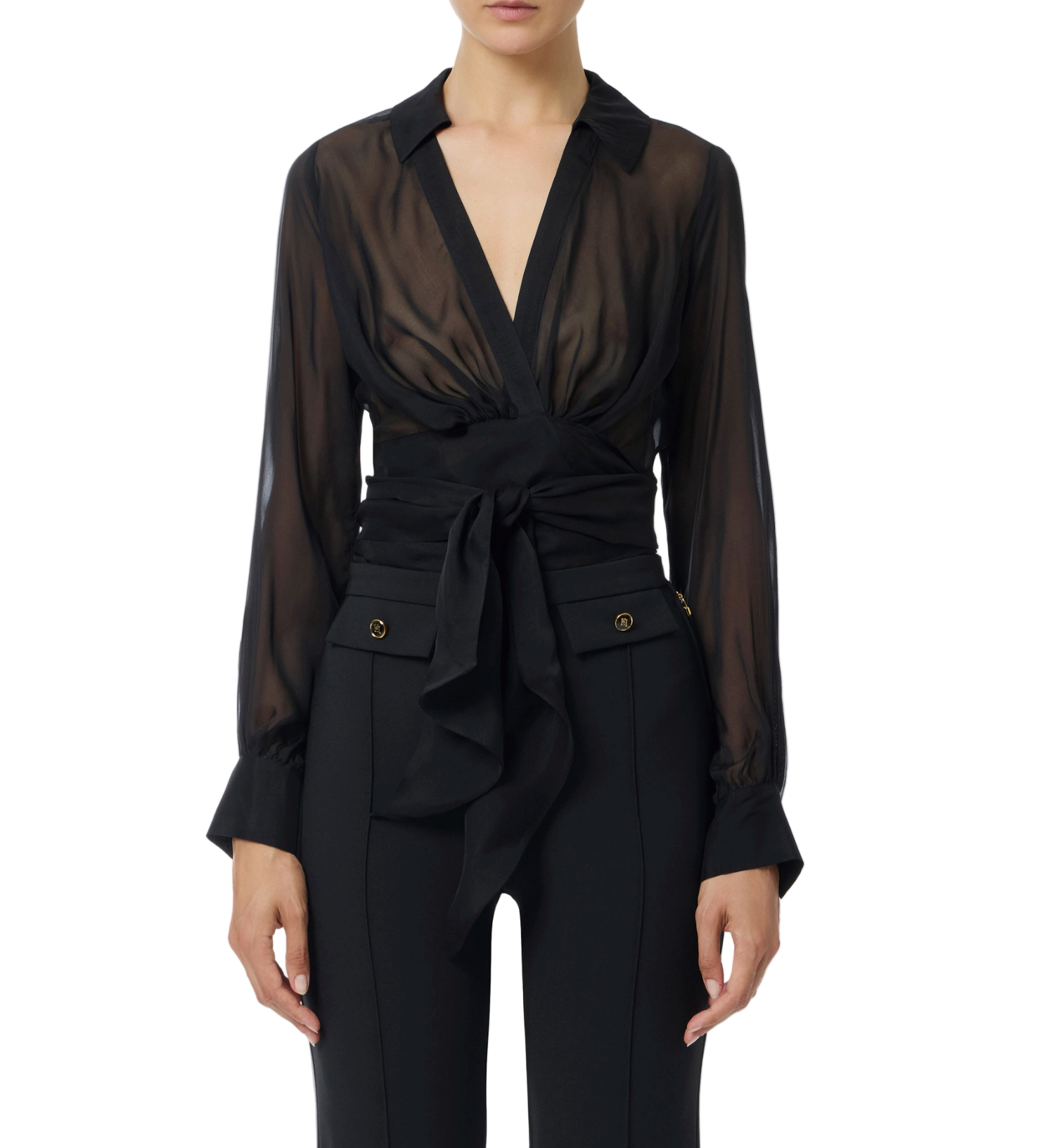 Blouse in voile fabric with sash