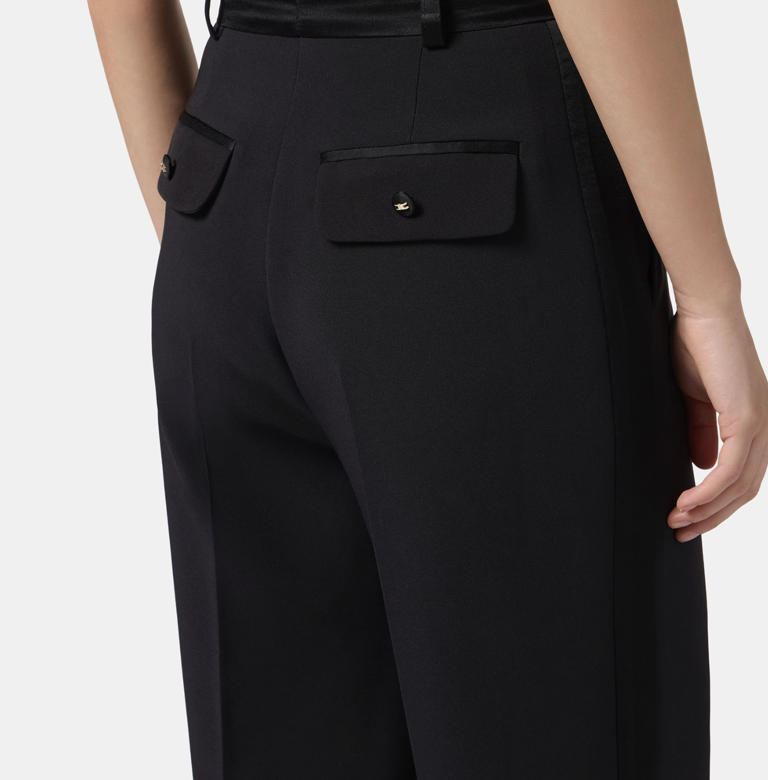 Trousers in lightweight crêpe fabric with tuxedo details