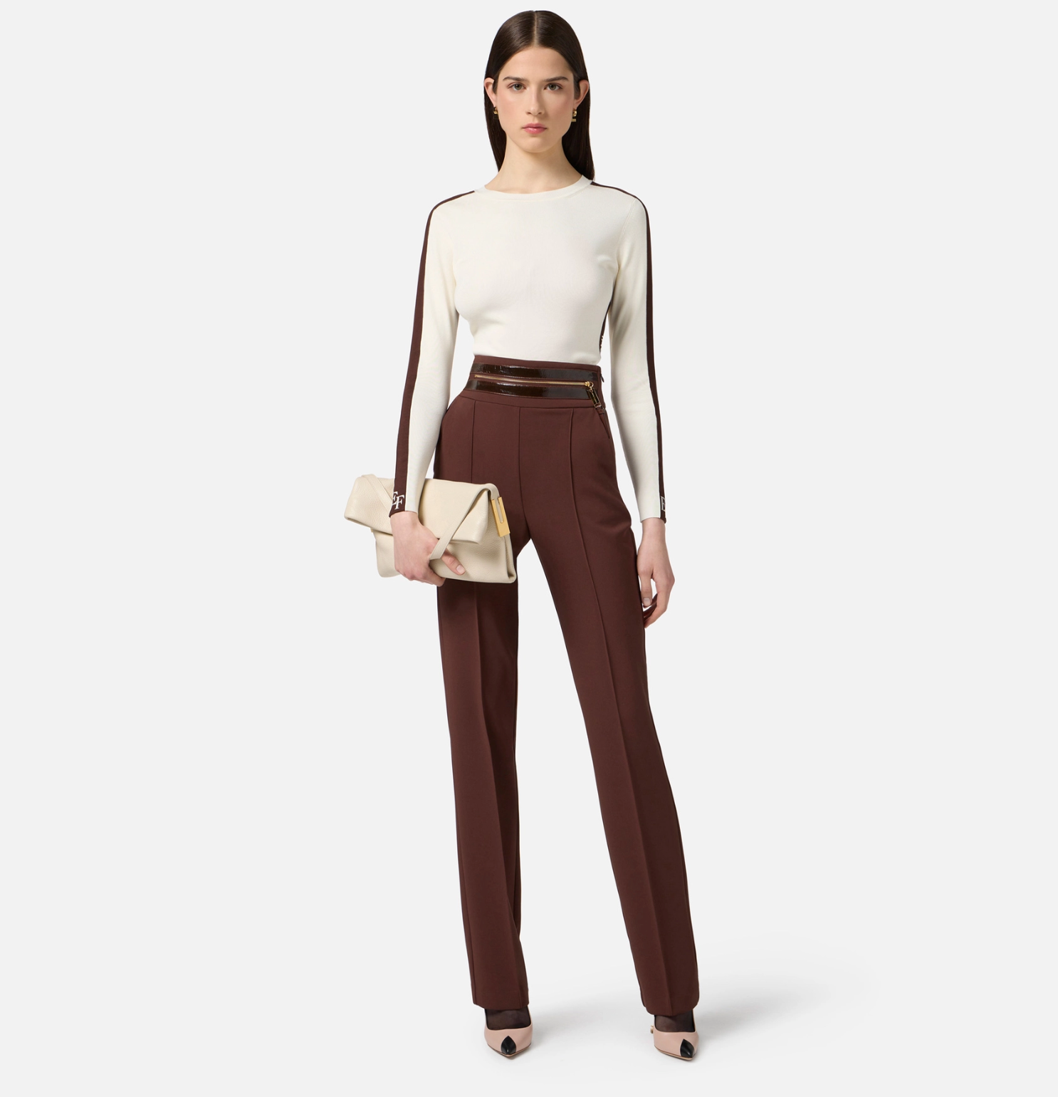 Trousers in lightweight crêpe fabric with crackled leather-effect waistband