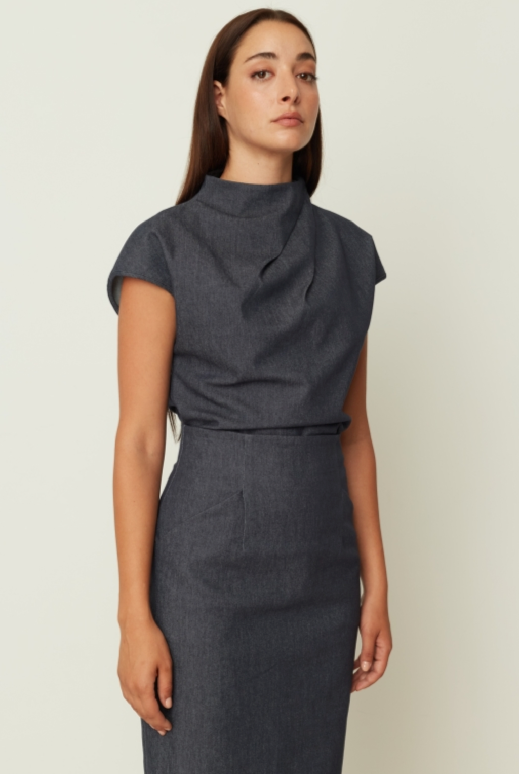 Denim Draped short sleeve blouse