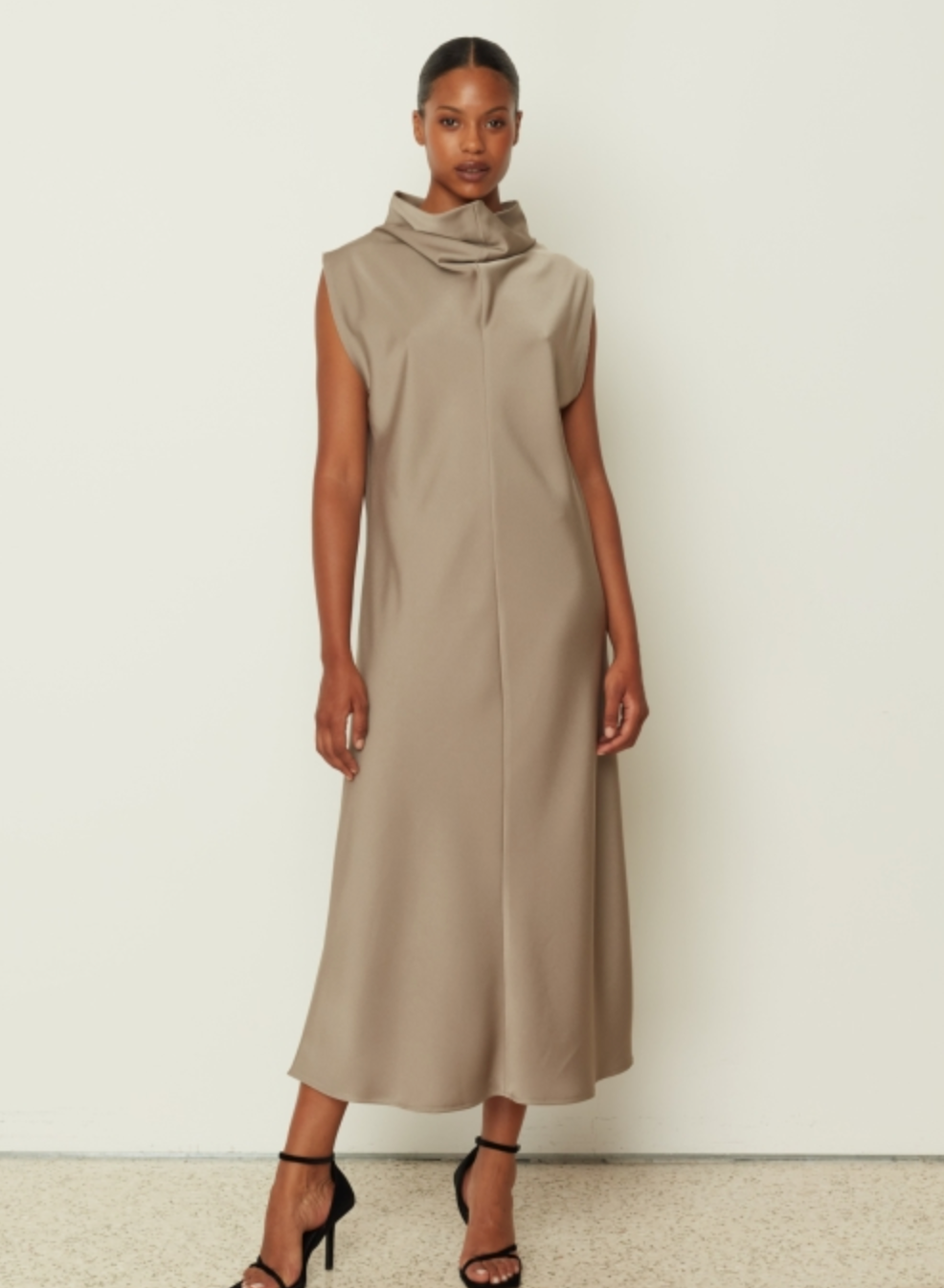 Satin High Neck Dress with Belt