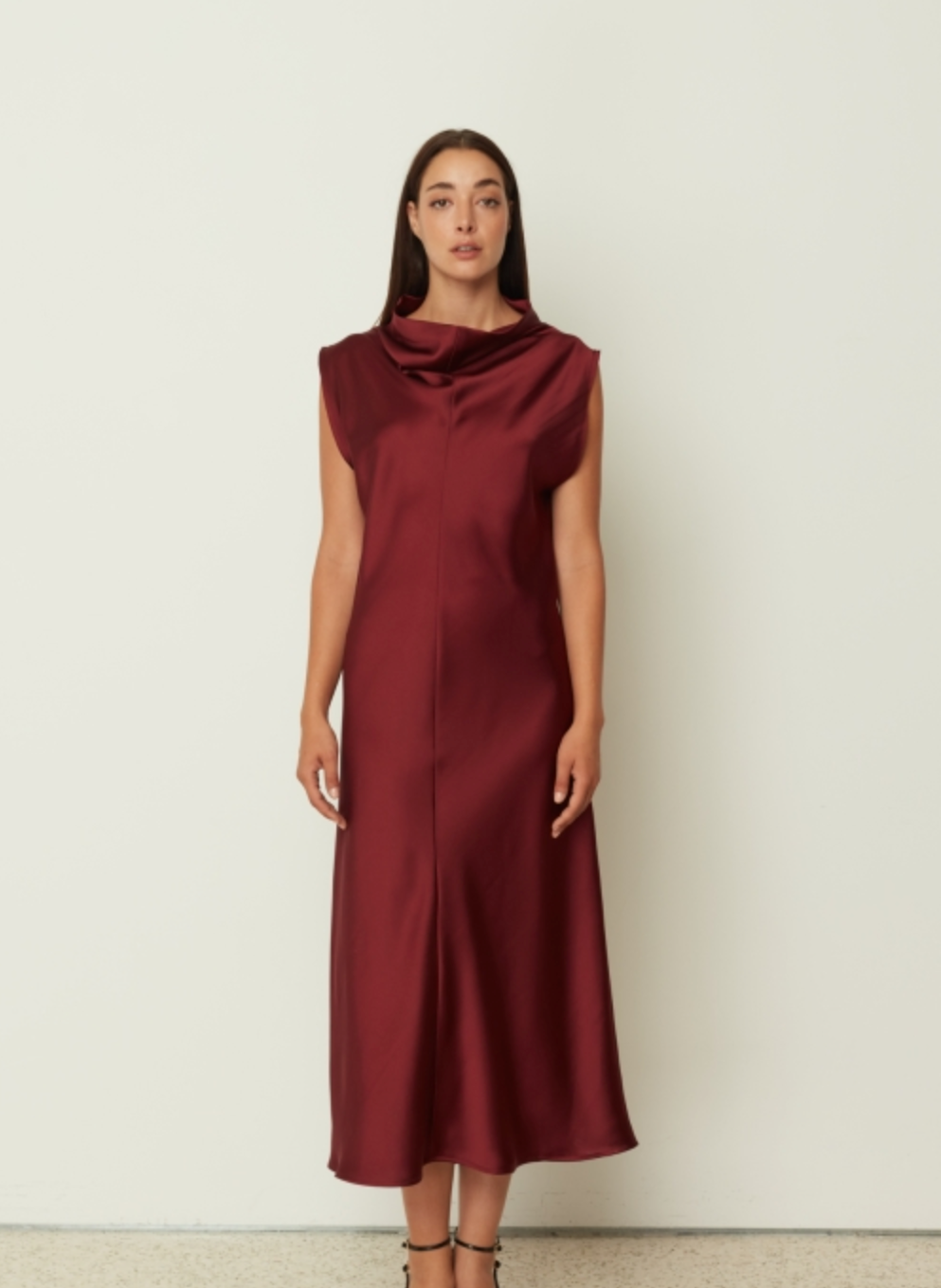 Satin High Neck Dress with Belt