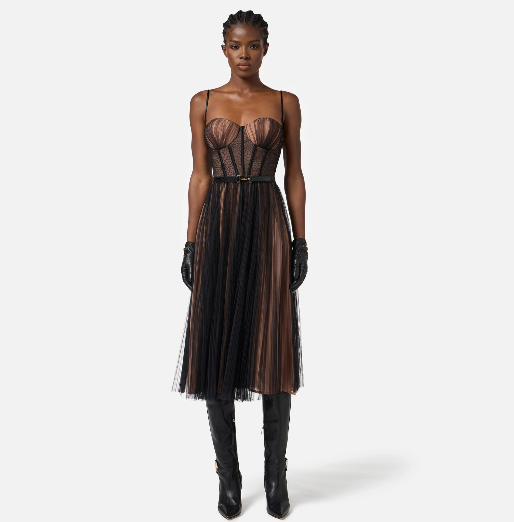 Bustier dress in tulle fabric with belt