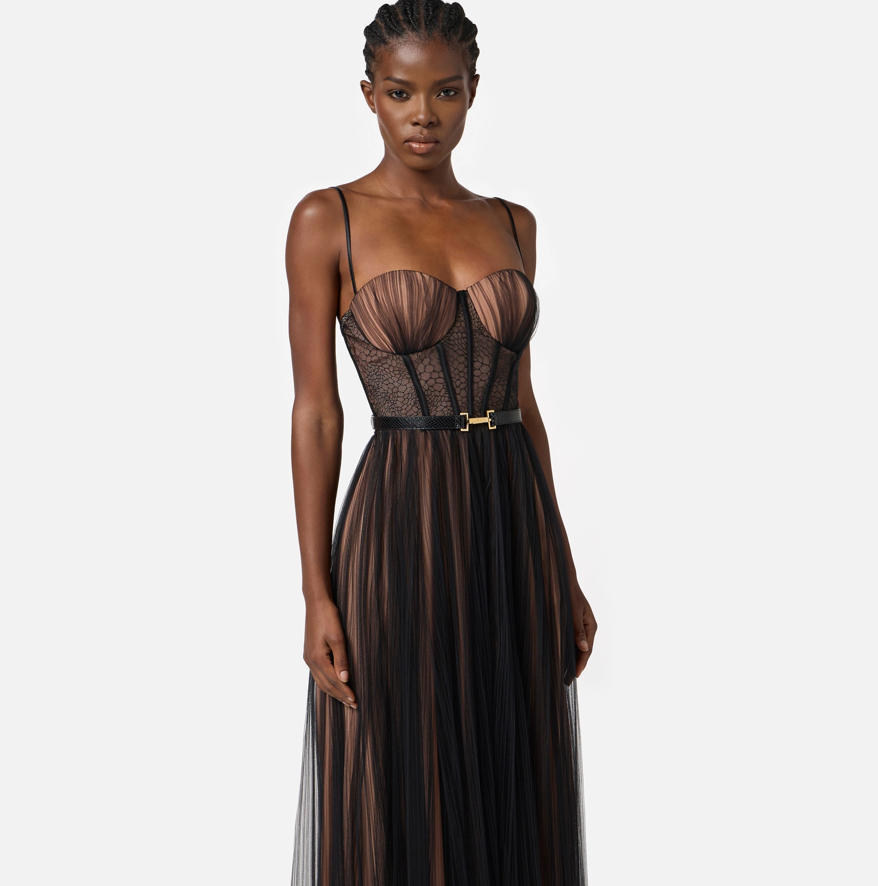 Bustier dress in tulle fabric with belt