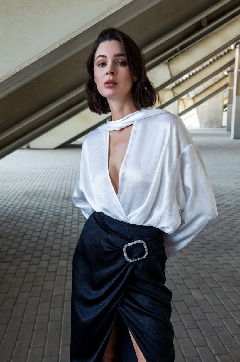 Scarf Neck Double Breasted Top