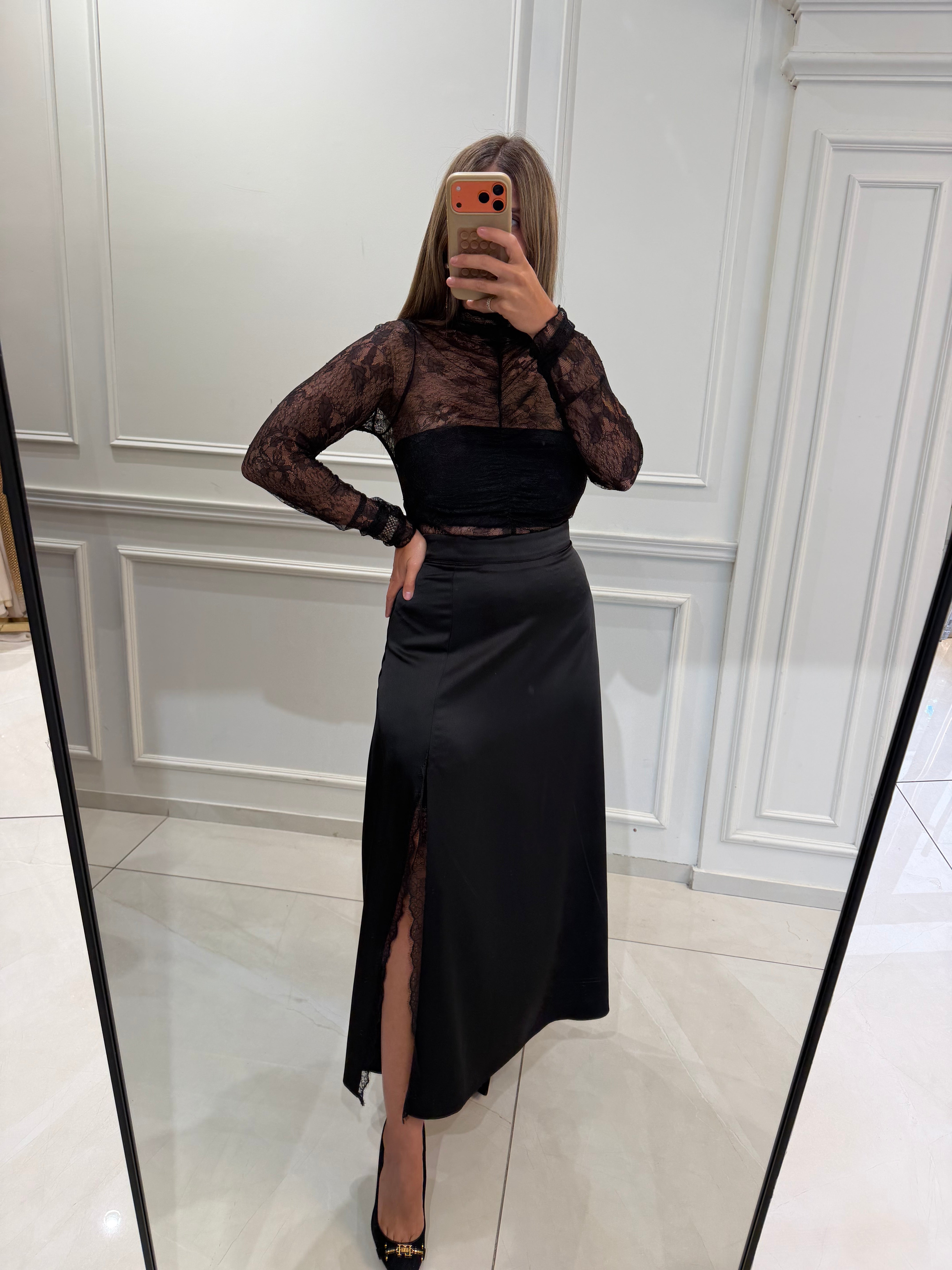 Satin Skirt with Lace