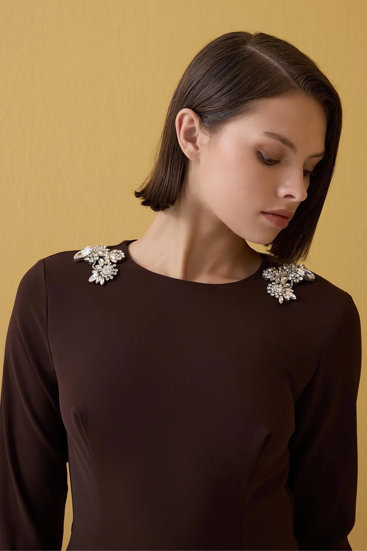 Long sleeve dress with crystals on shoulder