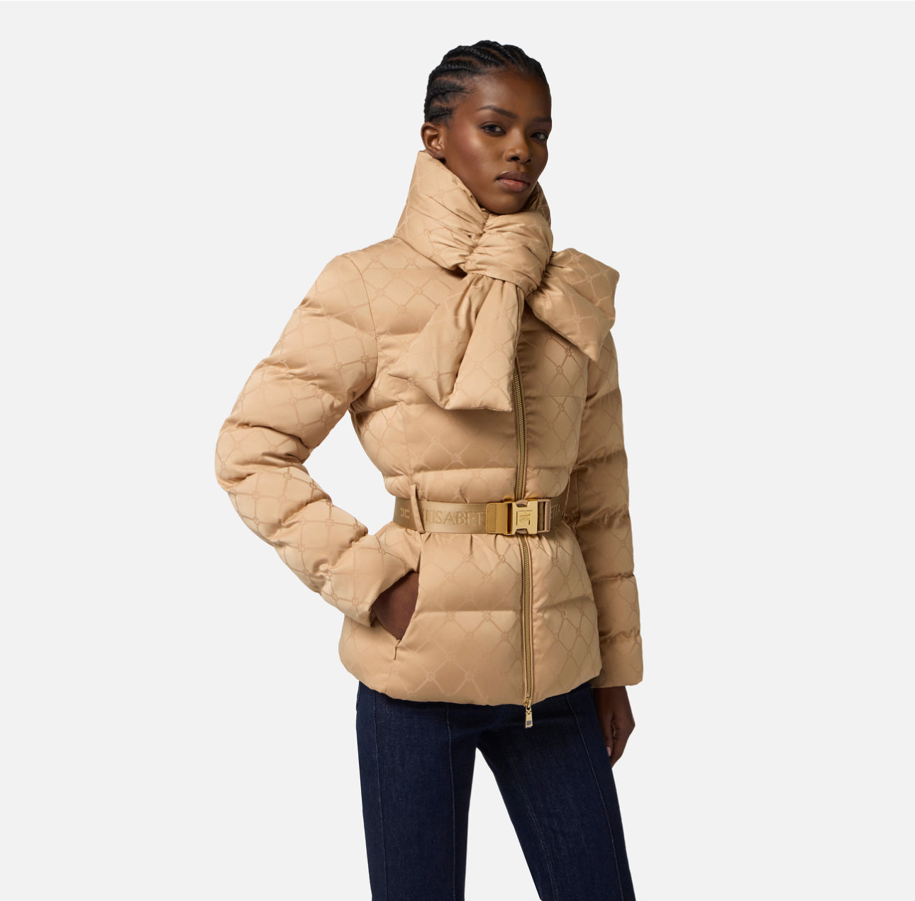 Down jacket in jacquard voile fabric with belt