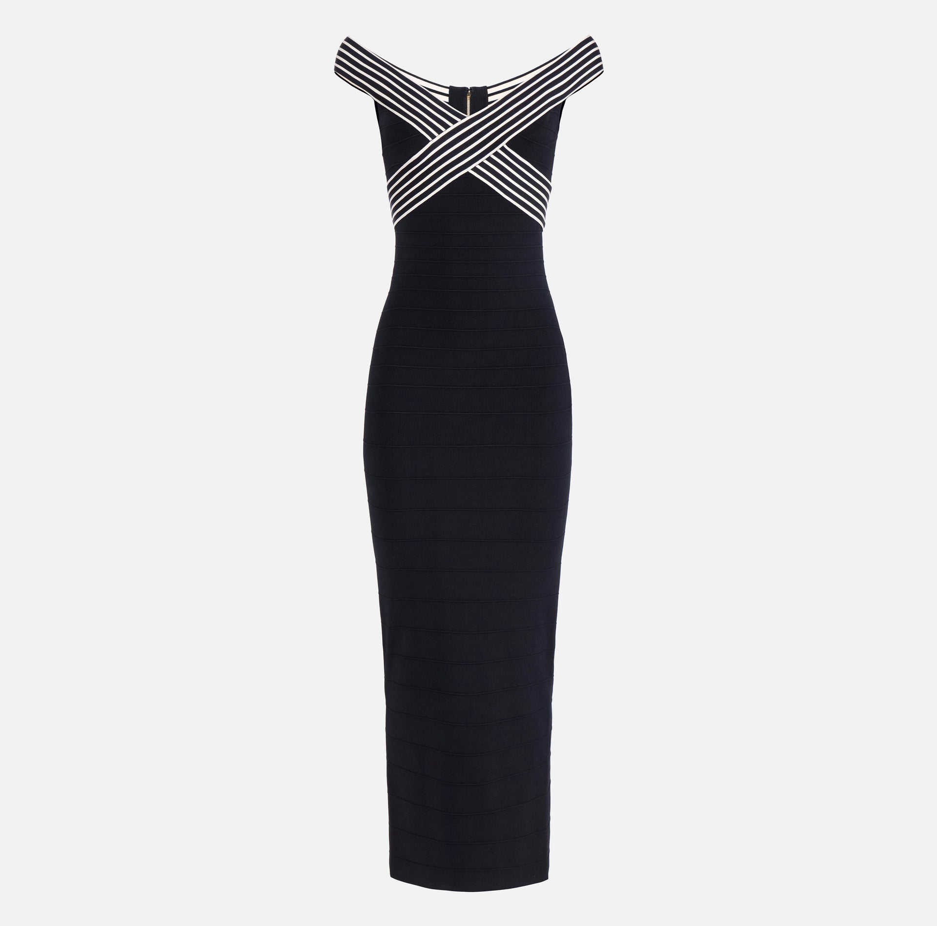 Knit fabric long dress with striped bands