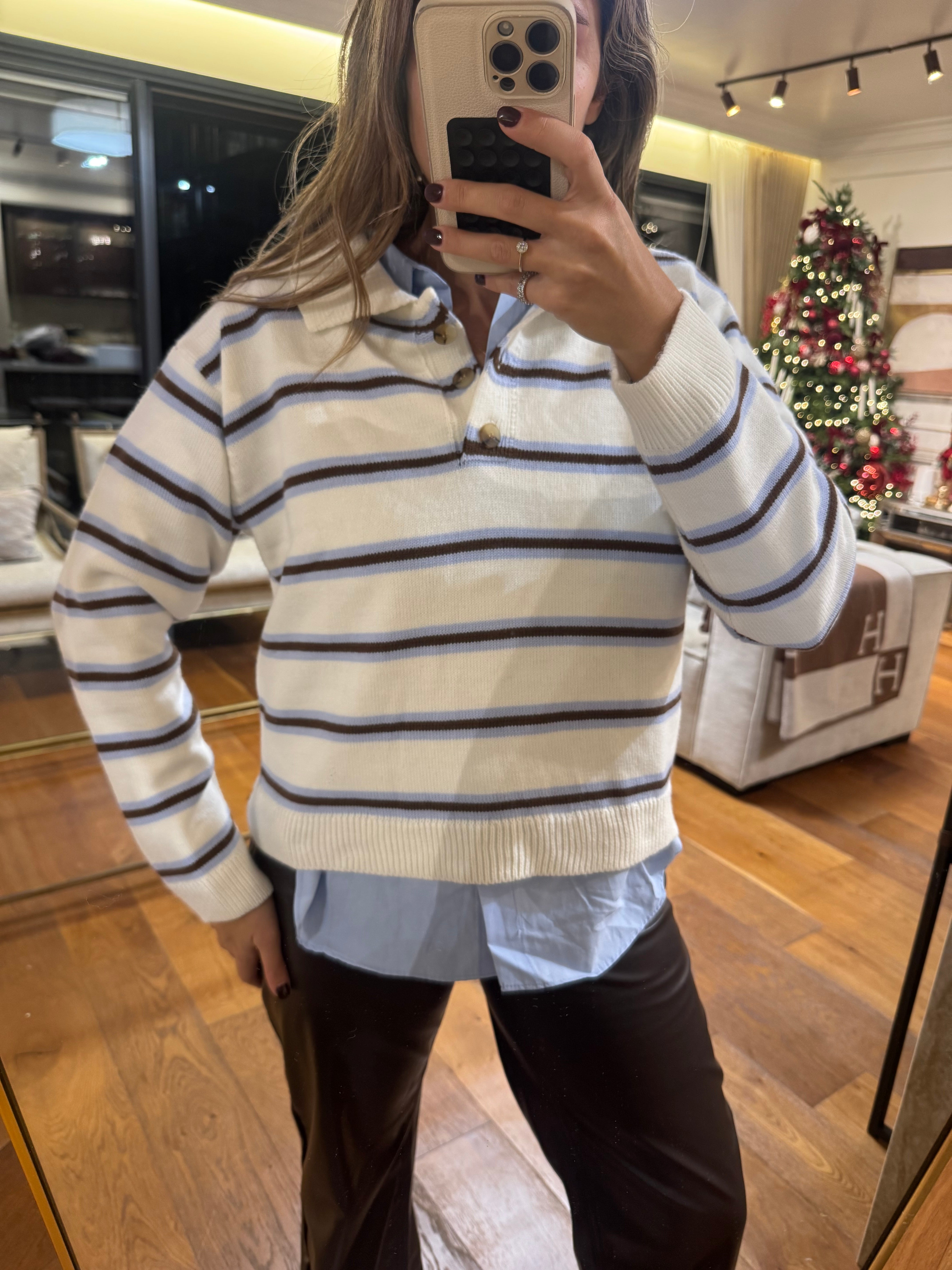 Striped Knit Blouse with Buttons