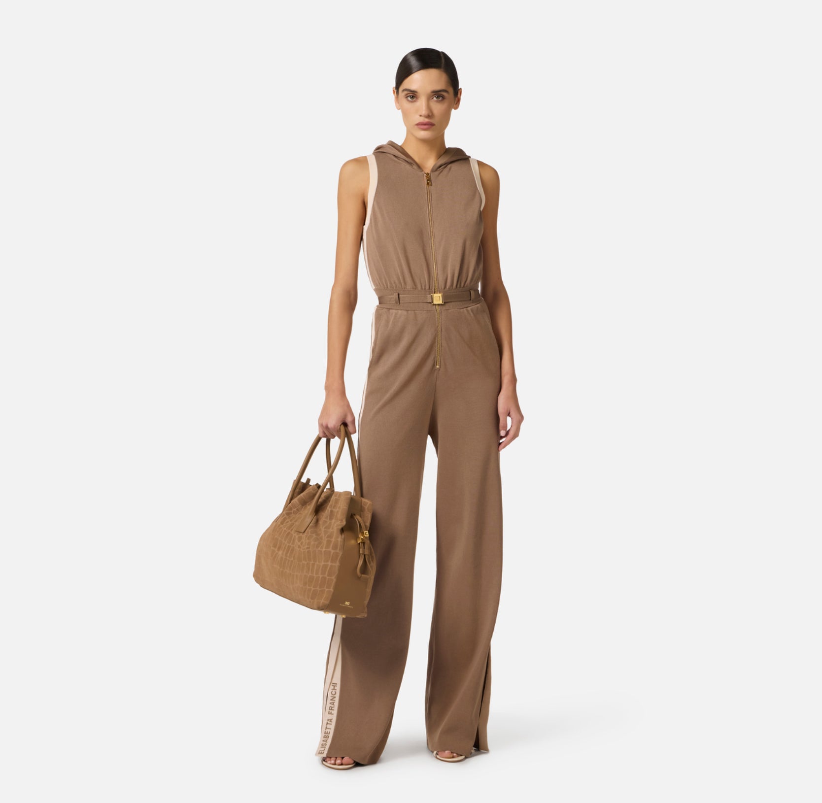 Knit fabric jumpsuit with shiny viscose bands