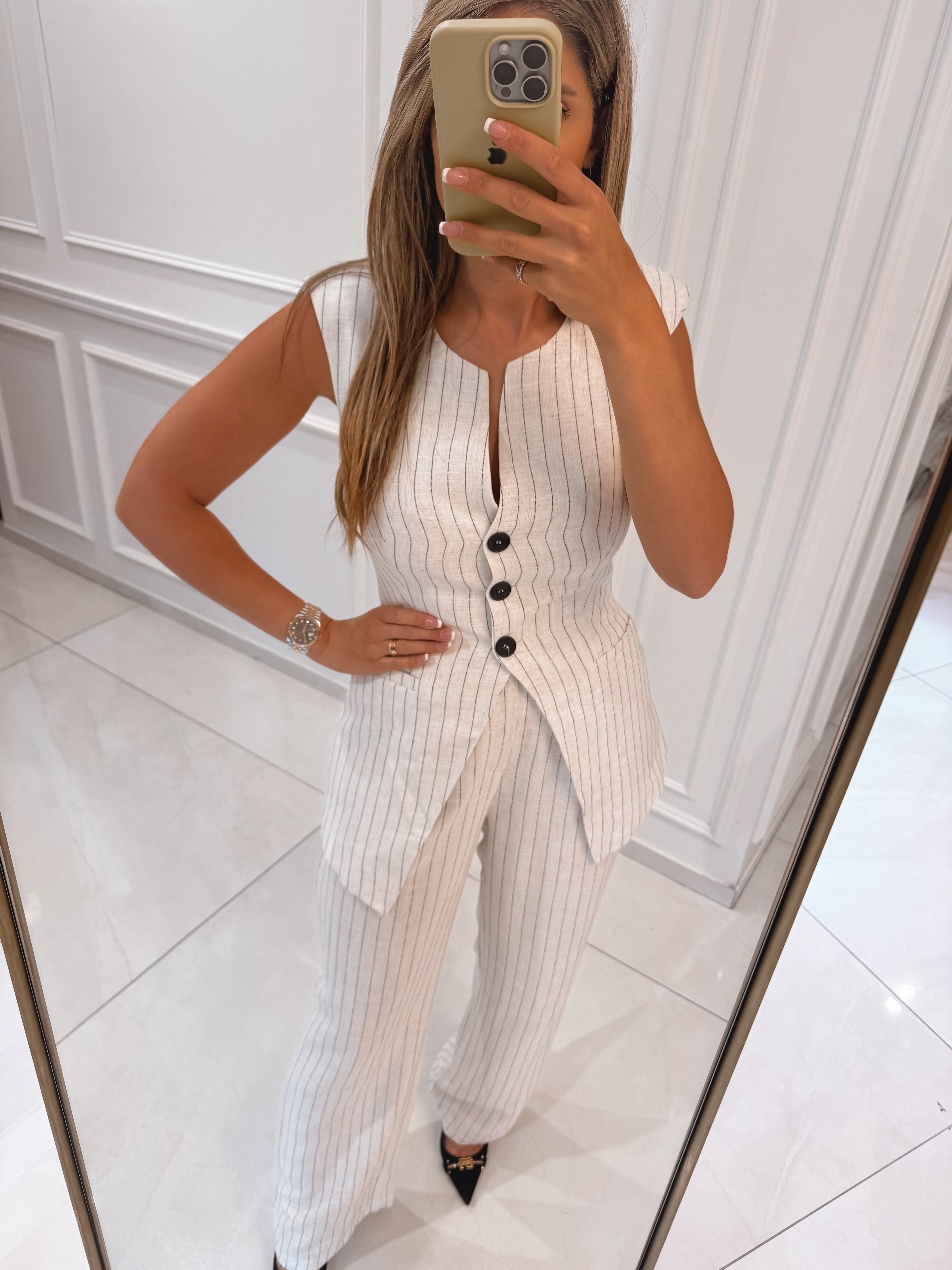 striped linen vest suit