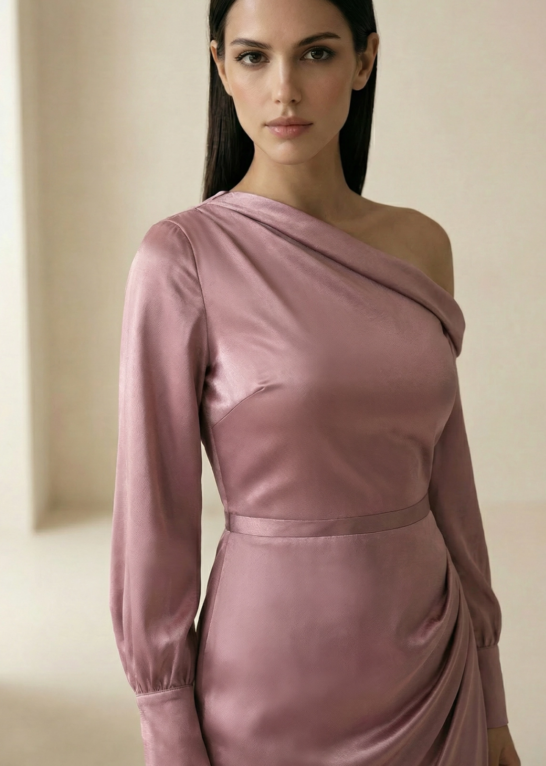 Shoulder Off Satin Dress