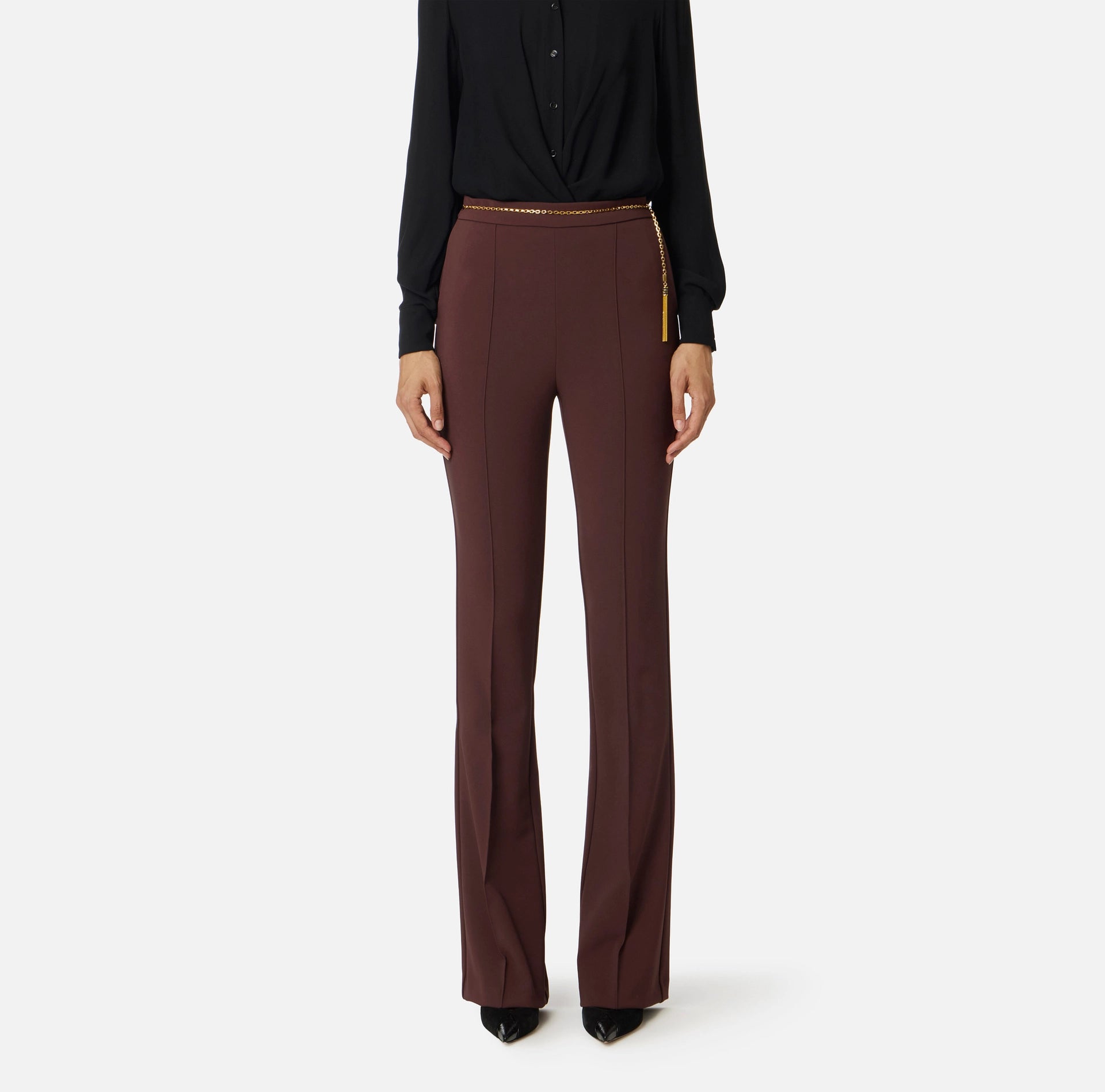Trousers in lightweight crêpe fabric with jewel chain